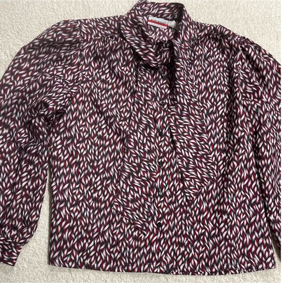 VTG Judy Bond Button Shirt Womens Sz 16 Pussybow Front Bow Puff Sleeve Patterned - Picture 7 of 10